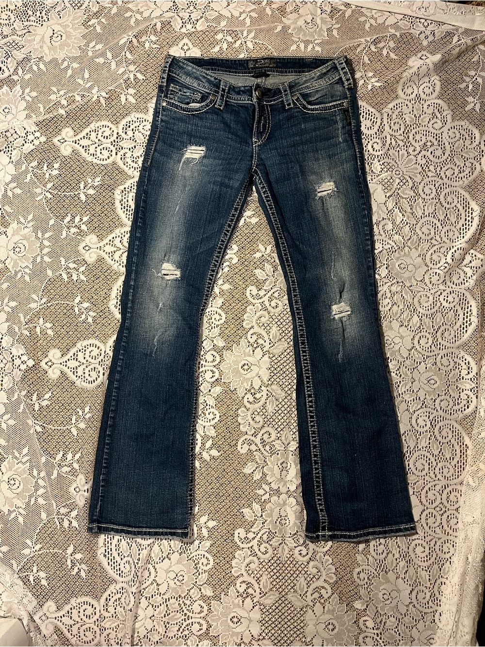 Silver Jeans Women's Distressed Dark Blue low rise Bootcut Jeans